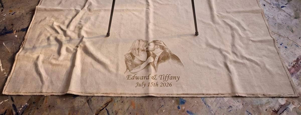 Personalized drop sheet engraved with a couple portrait, names and wedding date